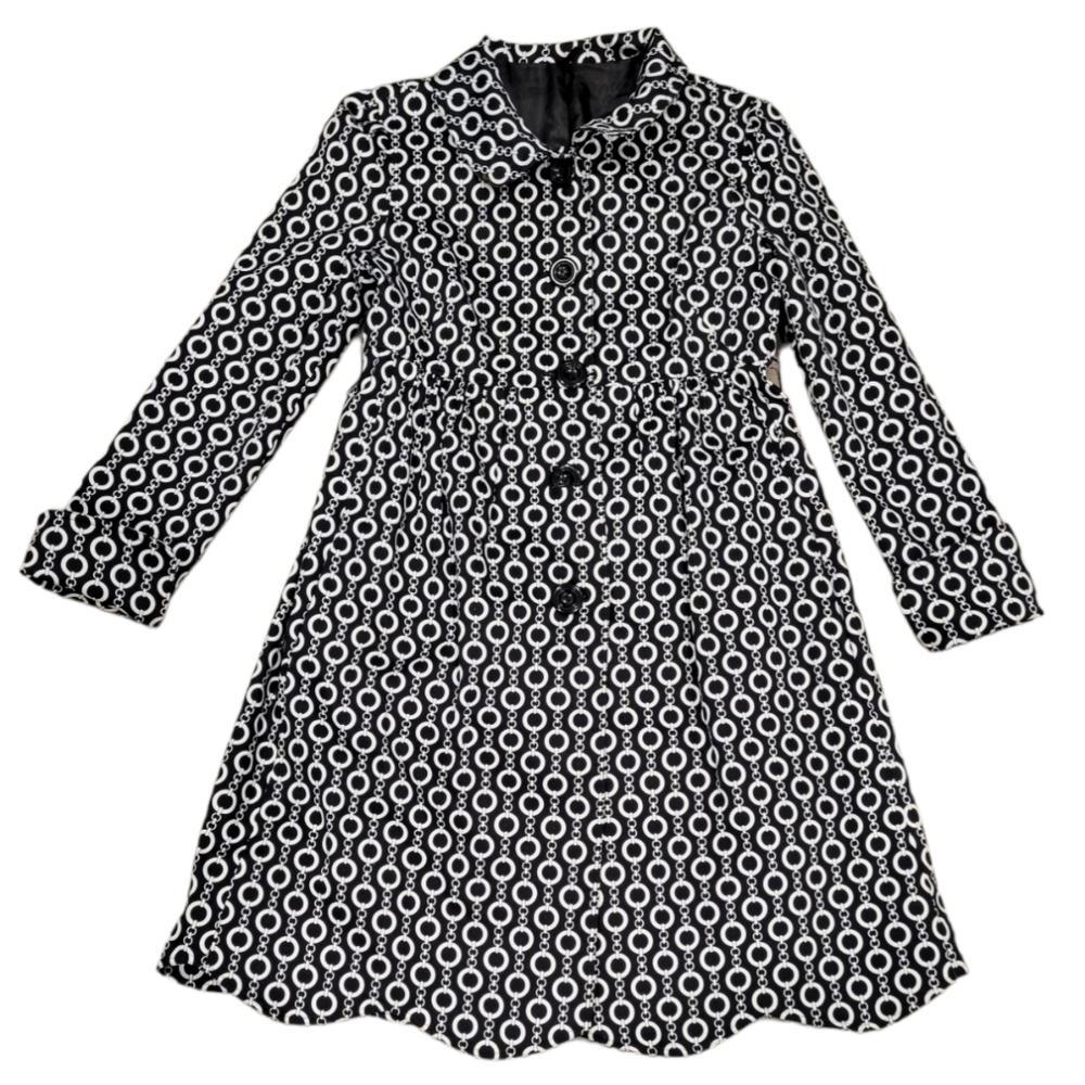 Women's Trenchcoat Mid Length Black And White Chain Print Scalloped Bottom.